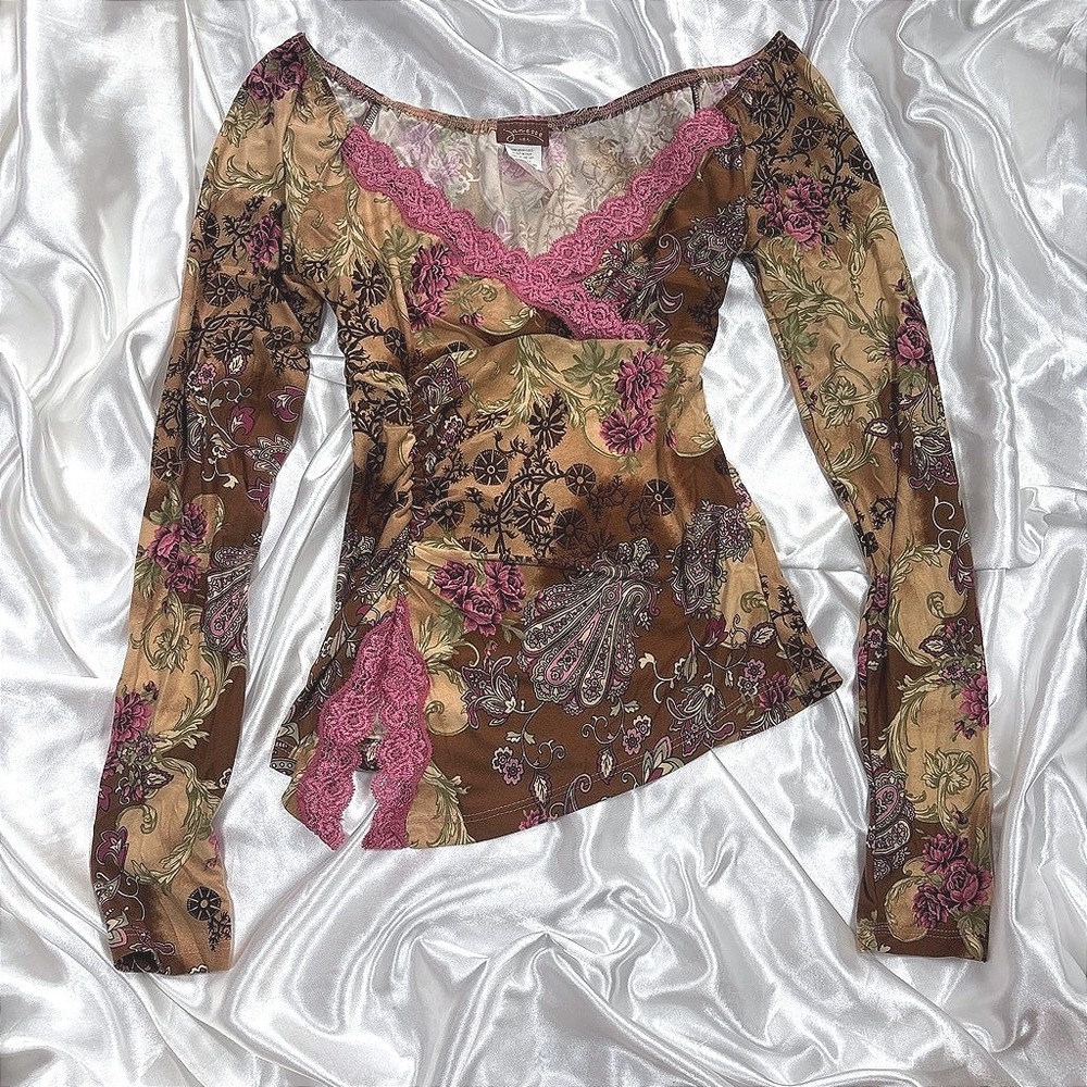y2k Janette USA Top Brown Paisley Floral Pink Lace Trim Long Sleeve S